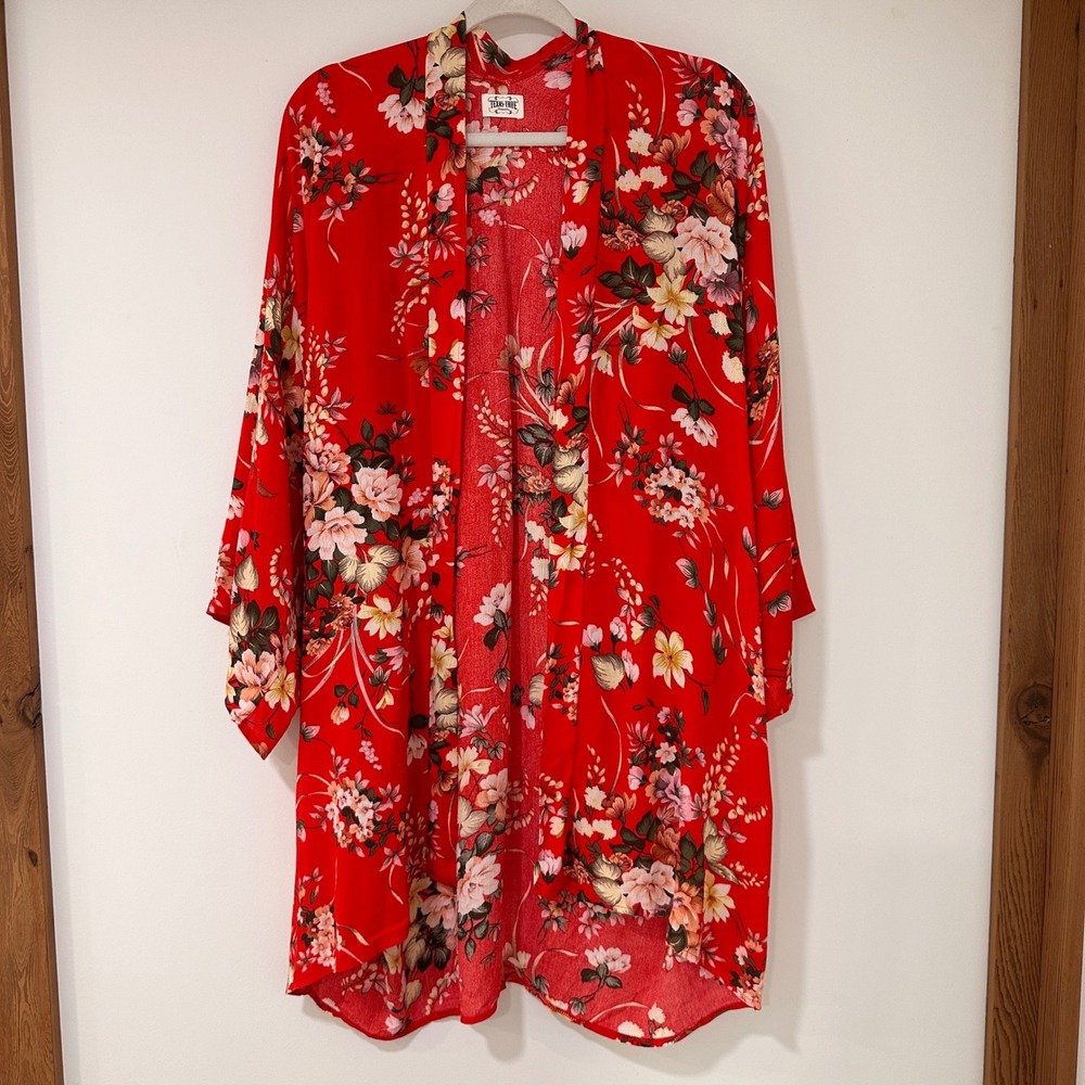 Texas True Threads Floral Kimono Women OS Red Open Front High Low | Boho Western